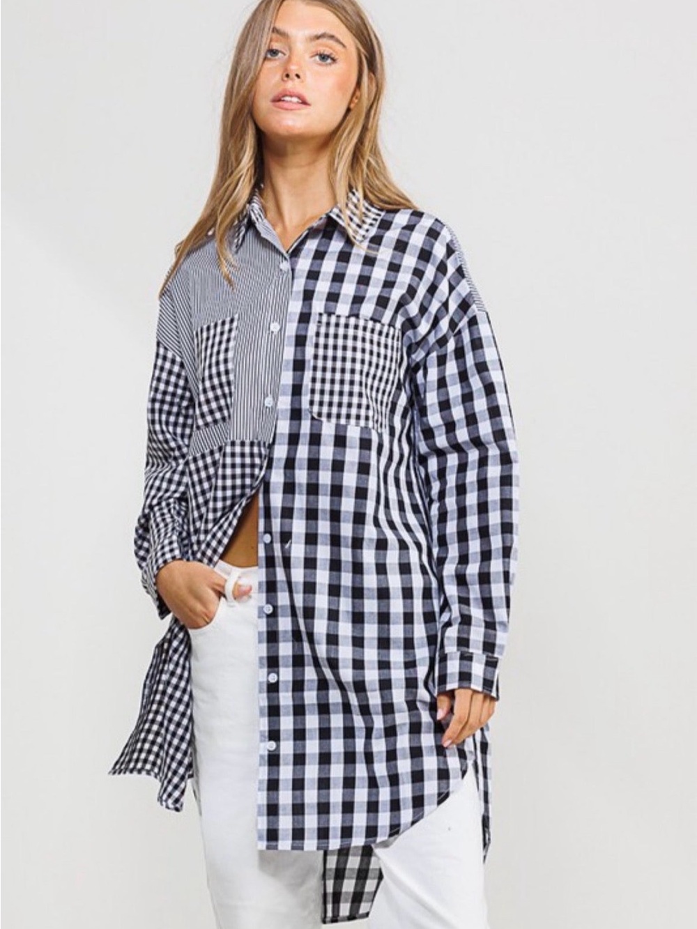 Black & White Mixed Gingham Button-Up Shirt Dress